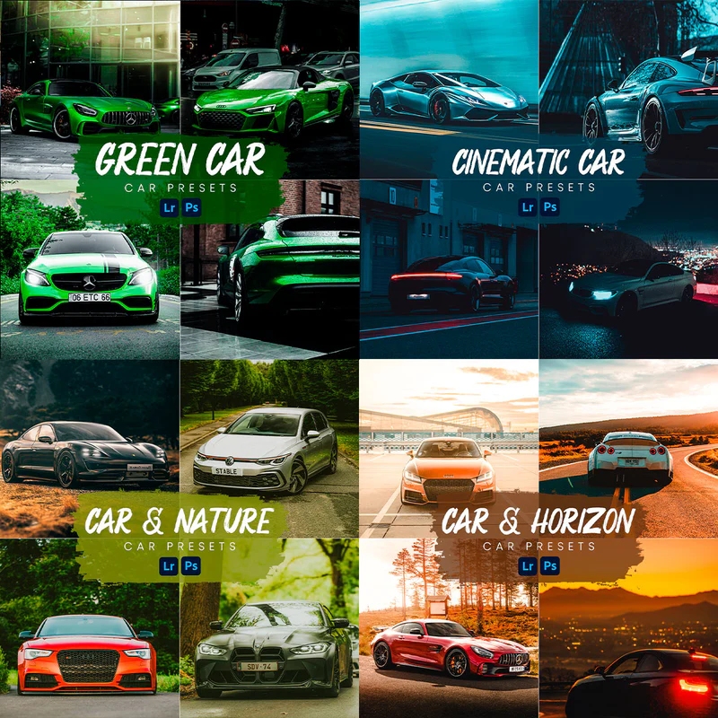 Collage of car images with various color and preset labels.