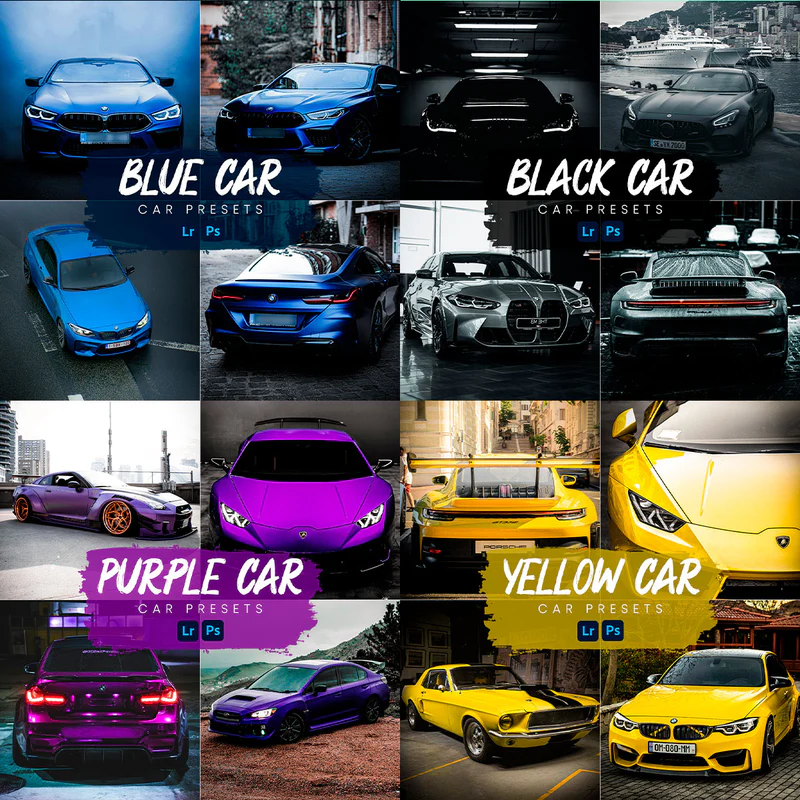 Collage of cars with color presets labeled 'Blue Car', 'Black Car', 'Purple Car', and 'Yellow Car'.