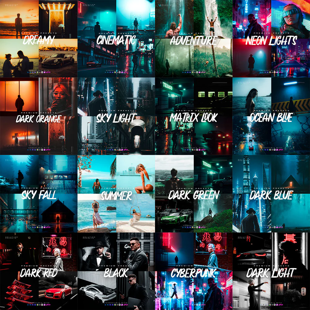 Collage of various themed images with text labels indicating different moods or styles.