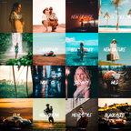 Grid of 16 smaller images with text labels indicating different themes or styles.
